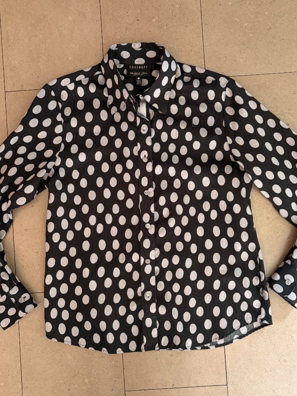 Foxcroft Black/Pale Gray Polka Dot Cotton Blouse Shirt-Size 4
